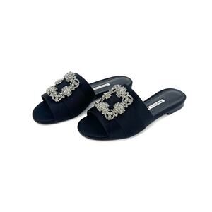 Manolo Blahnik Martamod Satin Crystal Embellished Slip On Flat Slides Sandals 37